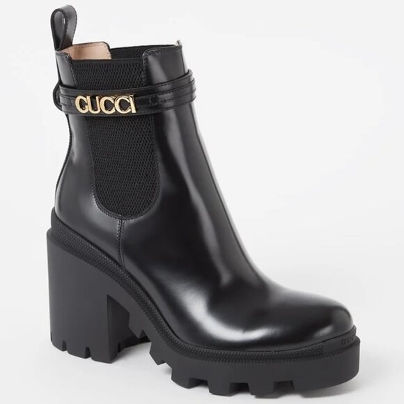 Gucci Trip Signature Logo Leather Chelsea Combat Ankle Boots Heels Shoes - Picture 1 of 16